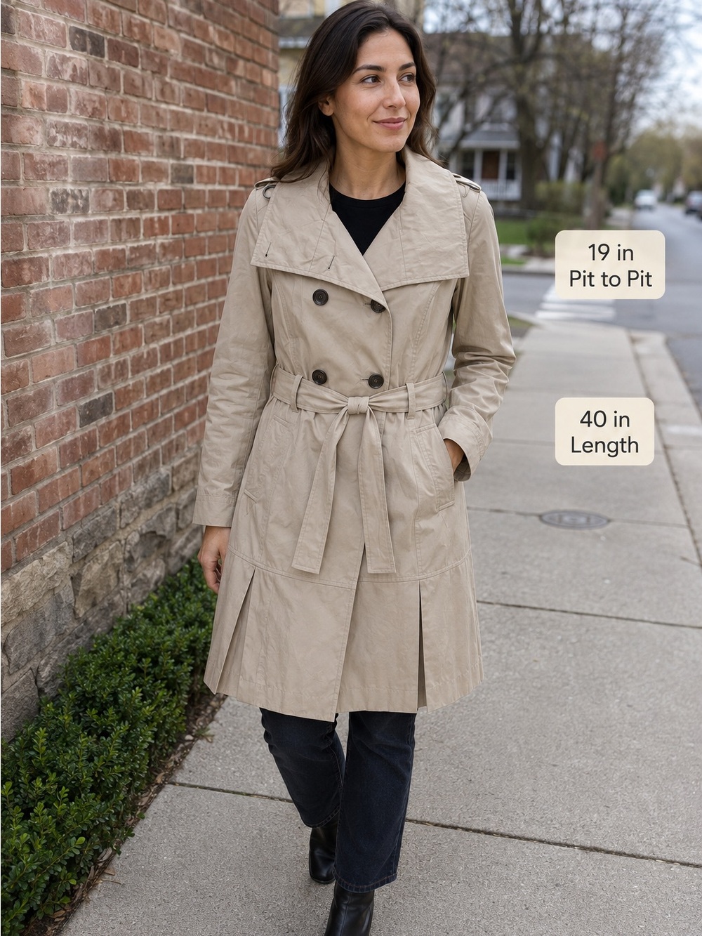 Calvin Klein Women’s M Beige Belted Trench Coat Pleated Hem Double Breasted